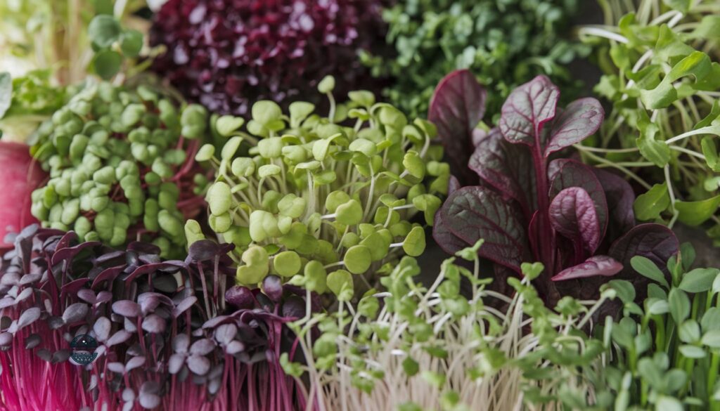 Close-up photograph of diverse microgreen types