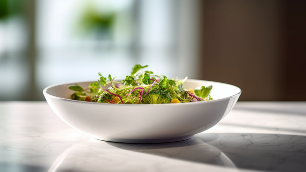 A mouth-watering scene of a colorful microgreen salad in a white ceramic bowl