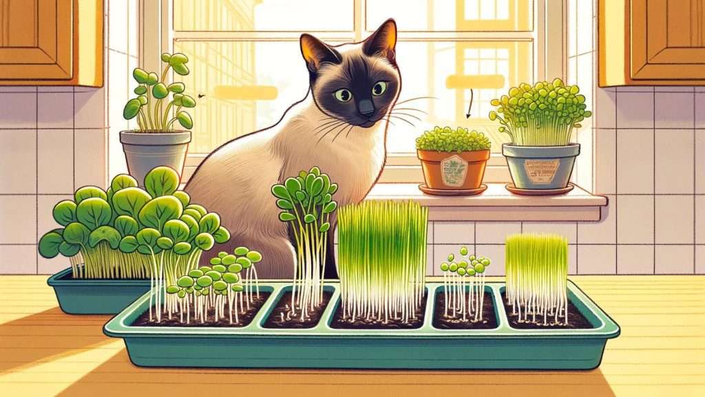 An illustrated guide showing the process of growing microgreens at home, with a cat watching the growth of wheatgrass, broccoli, and kale in small trays.