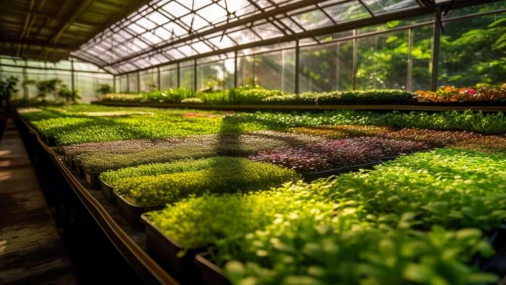 A mesmerizing image of a microgreens greenhouse, filled with lush and vibrant greens of various colors, highlighting the different varieties of microgreens grown for profit. 