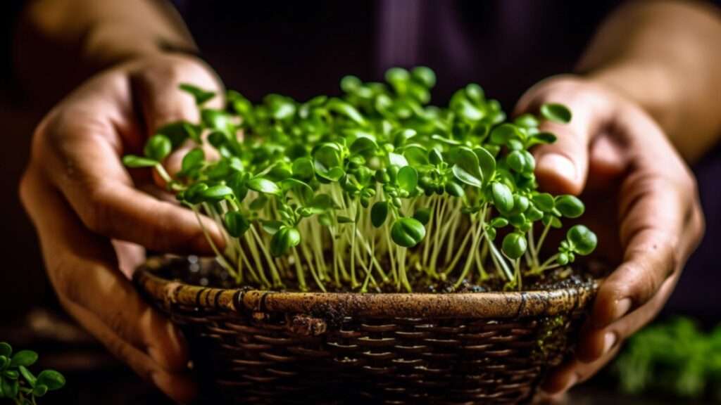 A close-up shot of a pair of hands carefully harvesting microgreens from a tray, each leaf plucked individually and placed into a basket, the vibrant green leaves contrasting with the dark soil, showcasing the intricacy and care required for proper harvesting techniques.