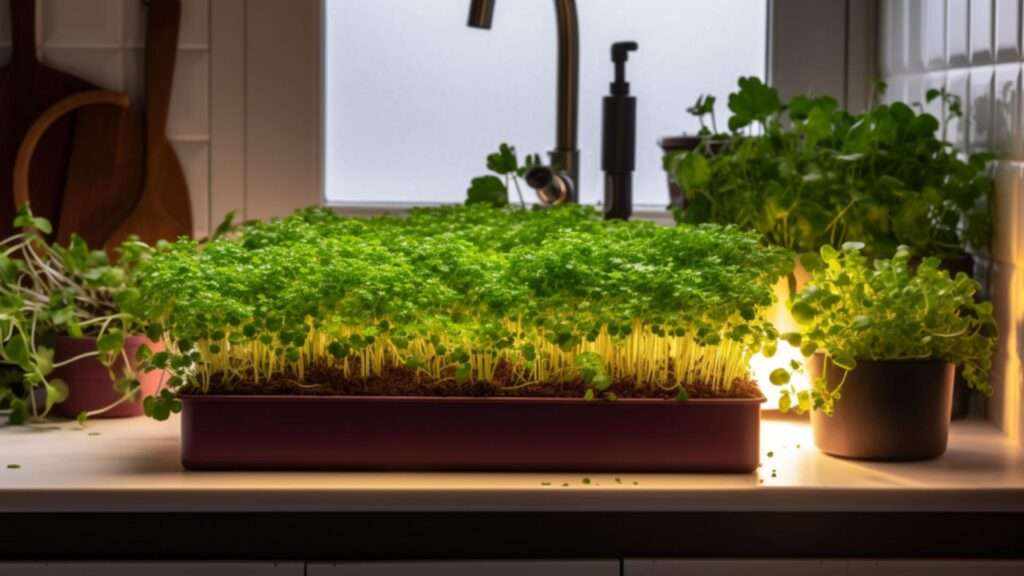 A vibrant and healthy microgreens setup in a cozy corner of a kitchen, with a variety of colorful, nutritious microgreens growing in pots,