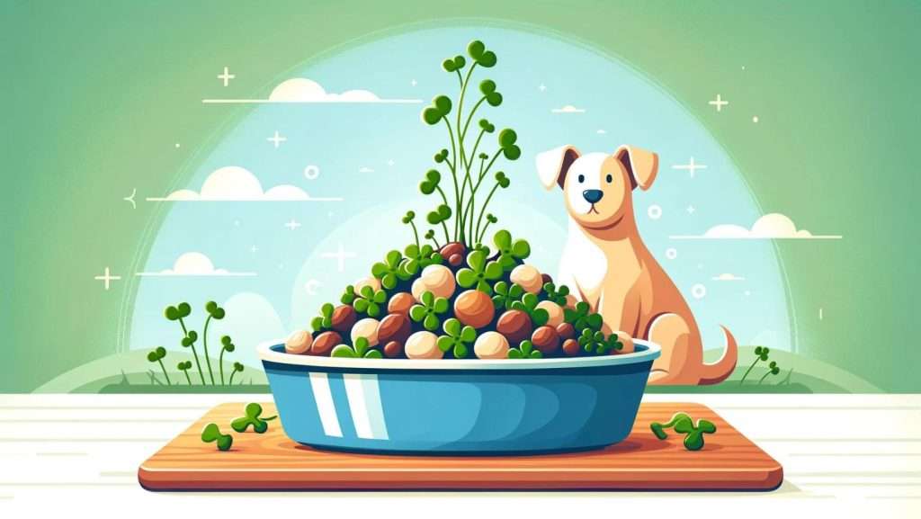 A creative depiction of mixing microgreens into dog food, illustrating simple ways to incorporate these greens into a canine diet.