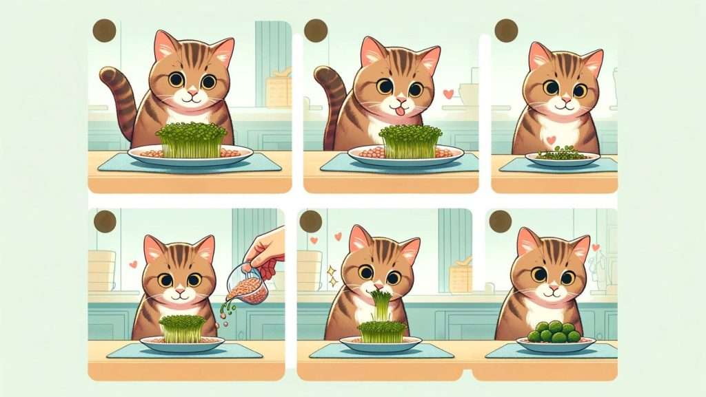 A step-by-step vector graphic depicting a cat owner gradually introducing microgreens to their cat's meal, showcasing small portions and the cat's interest.
