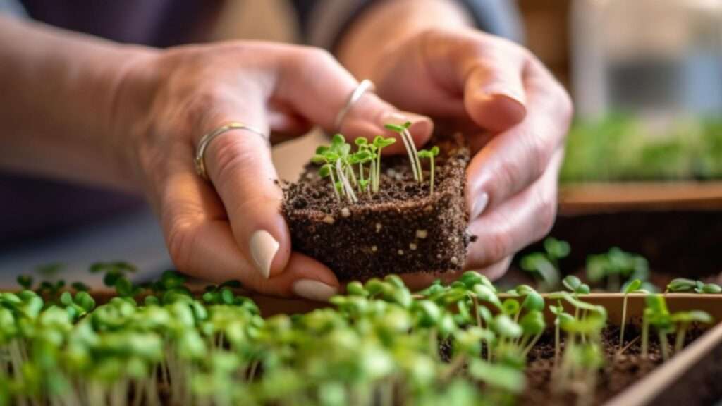 Image depicting a person carefully sowing collard microgreen seeds into a pot