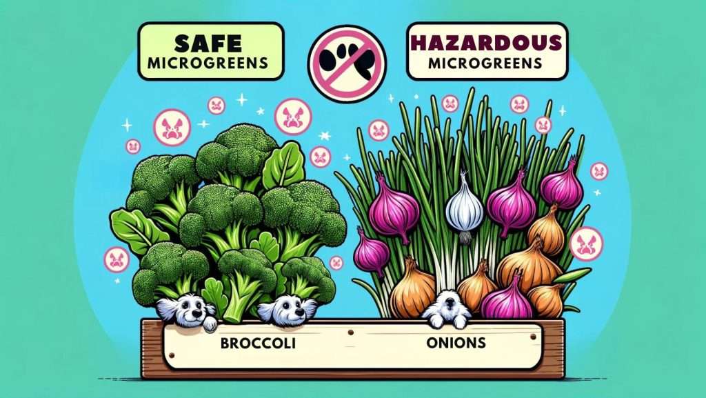 Vector illustration distinguishing safe microgreens like broccoli from hazardous ones like onions for dogs, emphasizing canine safety.