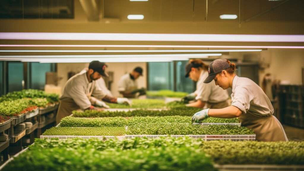 A bustling indoor microgreens farm, with rows of uniform trays filled with luscious greens, under bright grow lights, and a team of workers carefully tending to the plants.