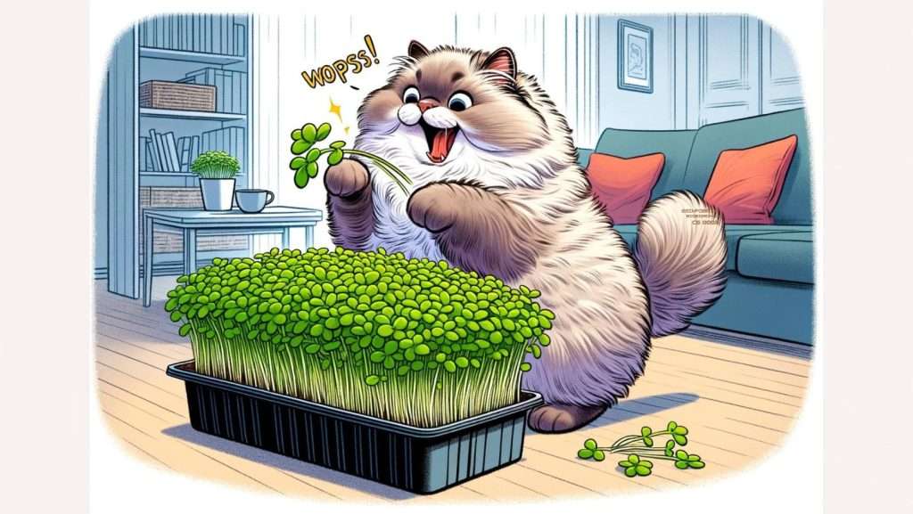 A playful scene depicting a cat enjoying freshly grown catnip microgreens, highlighting the cat's excited reaction to the aromatic treat.