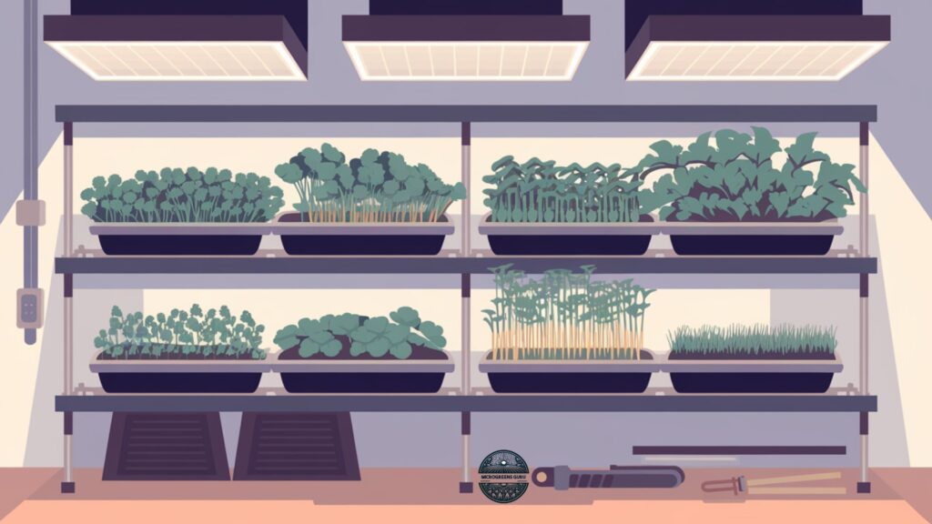 Illustration of a home-based microgreens growing operation