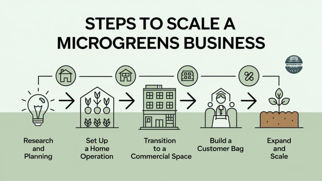 Infographic showing steps to scale a microgreens business