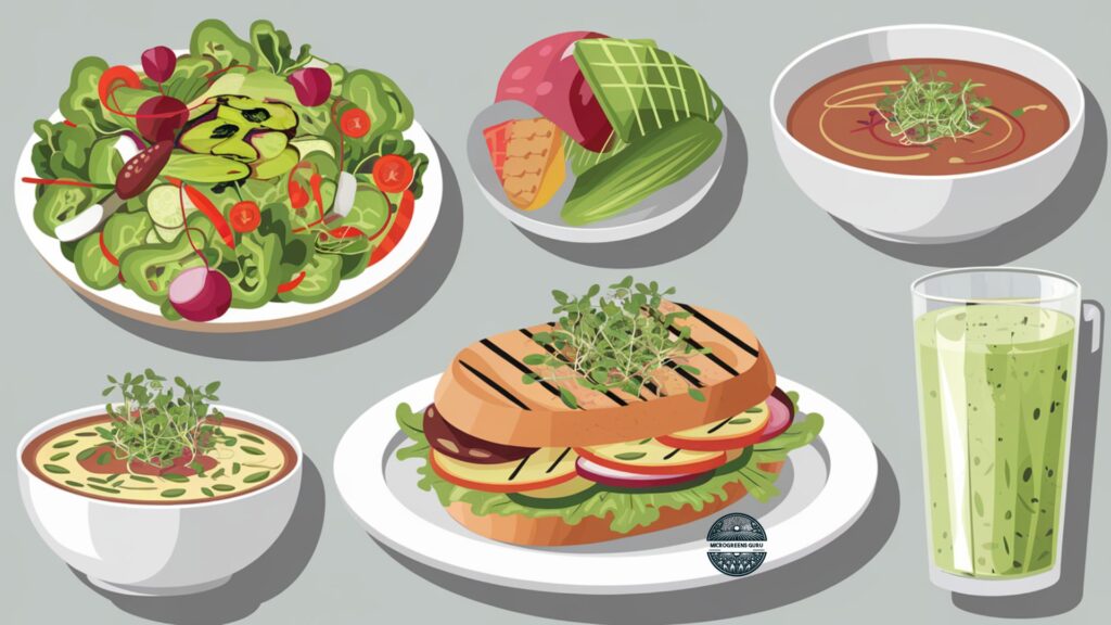 Vector illustration of dishes featuring microgreens