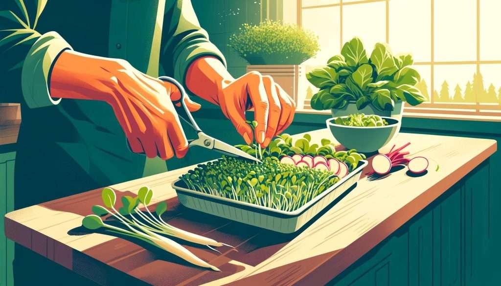 Hands using scissors to snip fresh broccoli and radish microgreens from a tray in a sunlit home kitchen, with a salad bowl and smoothie in the background.