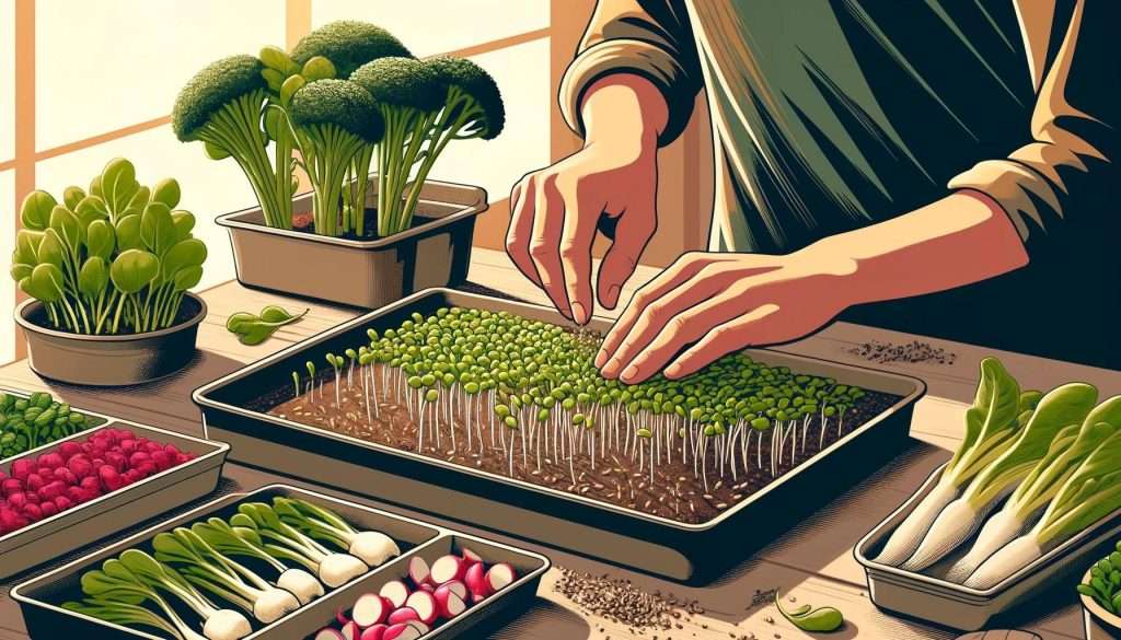Illustration of the hands-on process of planting microgreens, with a focus on a clean and organized workspace in an indoor garden setting.