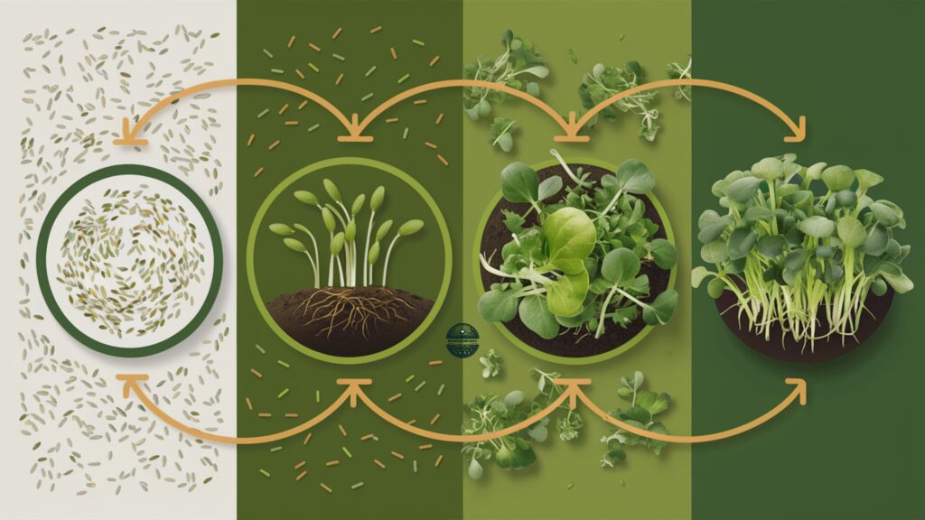 Vector illustration of microgreen life stages from seed to harvest