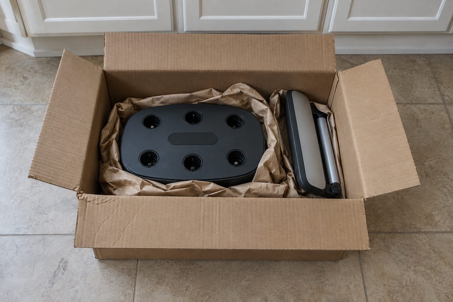 Opened plain brown cardboard shipping box on a kitchen floor holding a countertop hydroponic garden base wrapped in plain packing paper, its folded lamp arm beside it