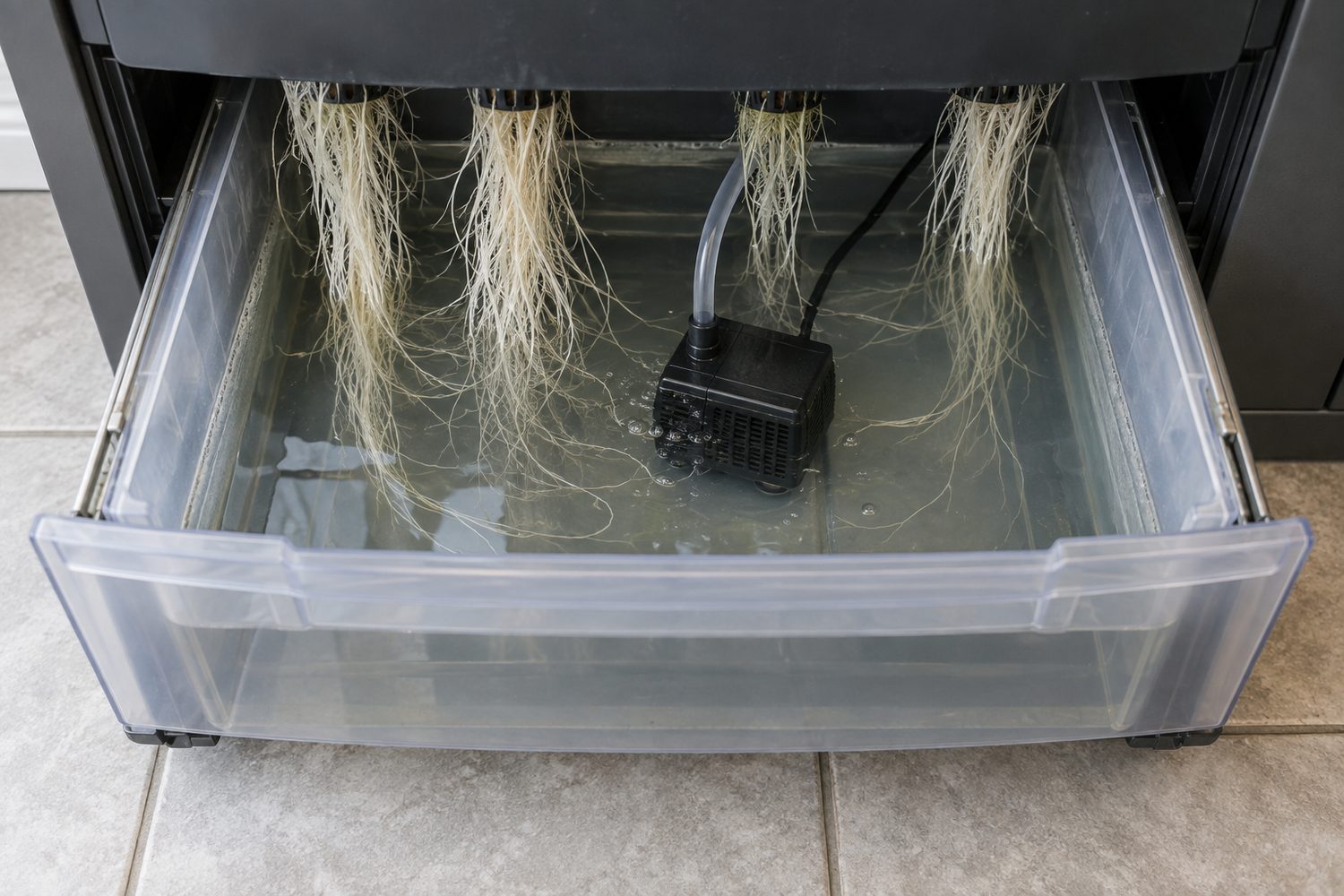 Lower reservoir of a hydroponic garden cabinet slid partly open, showing clear water, a small black submersible pump on the bottom and pale roots hanging from the deck above