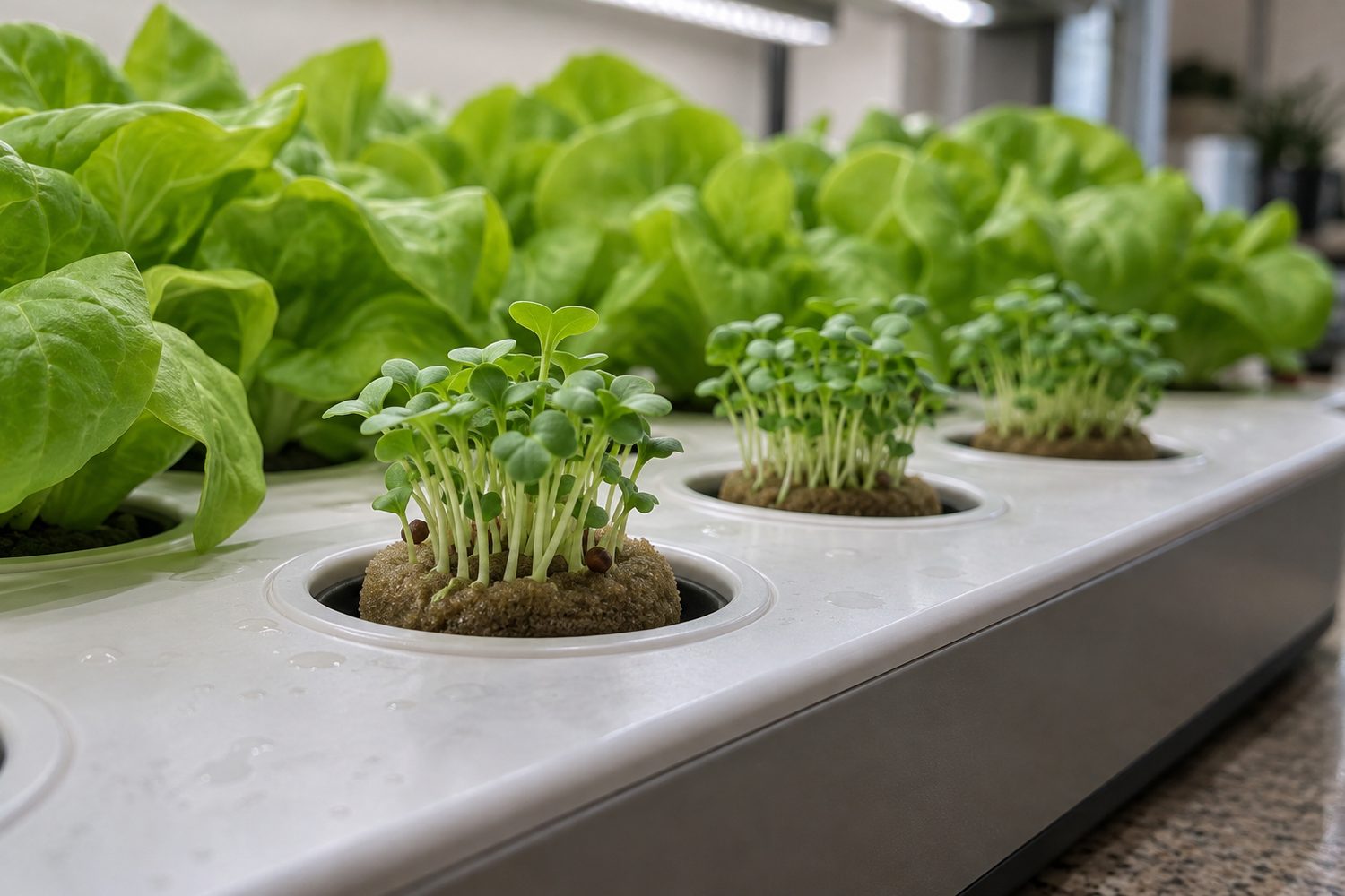 Long hydroponic pod deck where three pods hold dense clumps of young microgreen seedlings in round brown grow sponges, beside pods of mature butterhead lettuce
