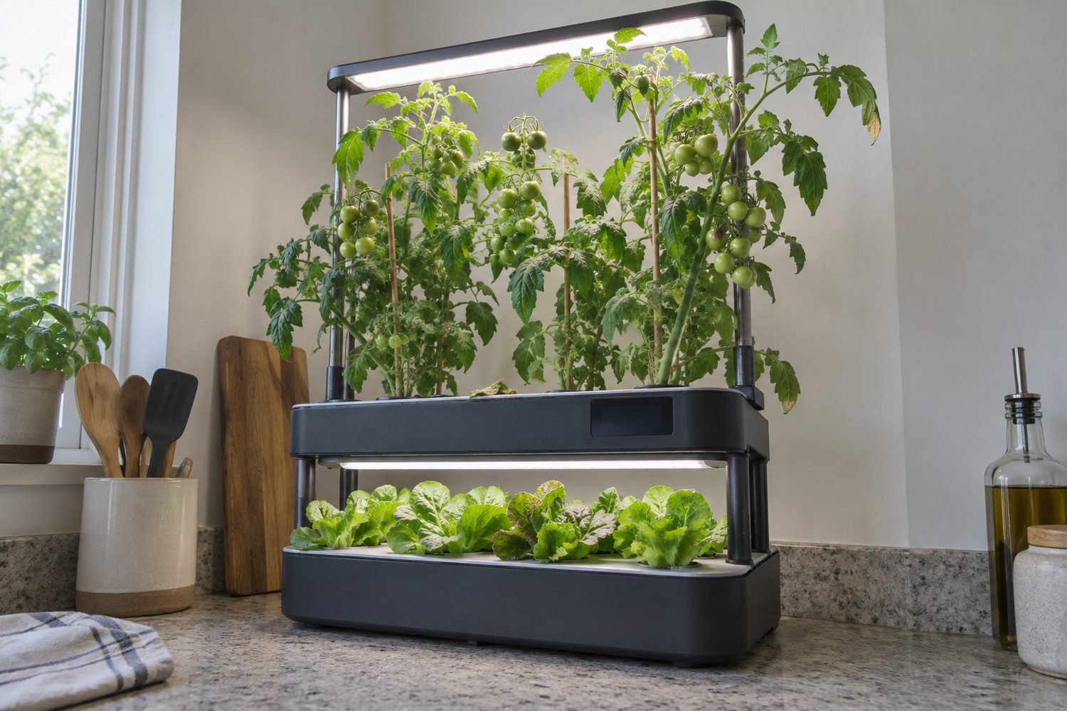 Two level hydroponic garden cabinet in a kitchen corner, its top light bar raised high over tall leafy cherry tomato vines with small green fruit, and low lettuce on the lower level