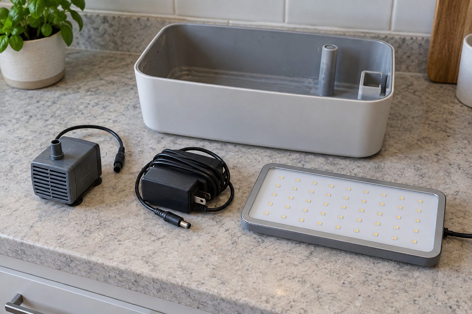 Small submersible water pump, coiled black power adapter and flat rectangular LED light panel laid out on a kitchen counter beside an empty countertop garden reservoir