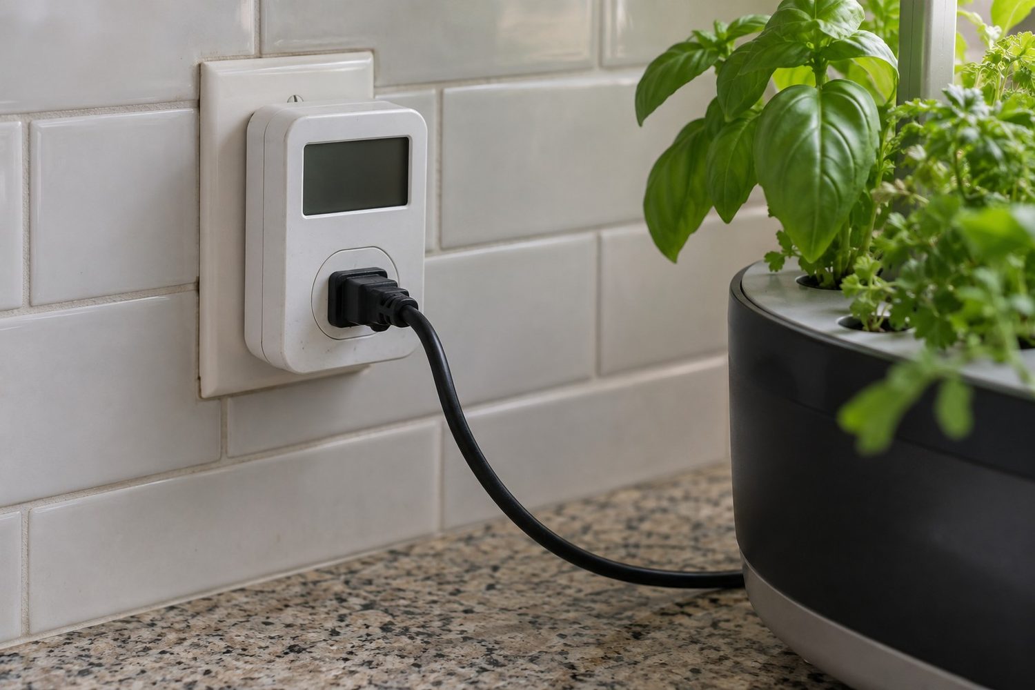Plain white plug-in electricity usage meter in a kitchen wall outlet with a countertop garden power cord plugged into it and herbs at the edge of the frame