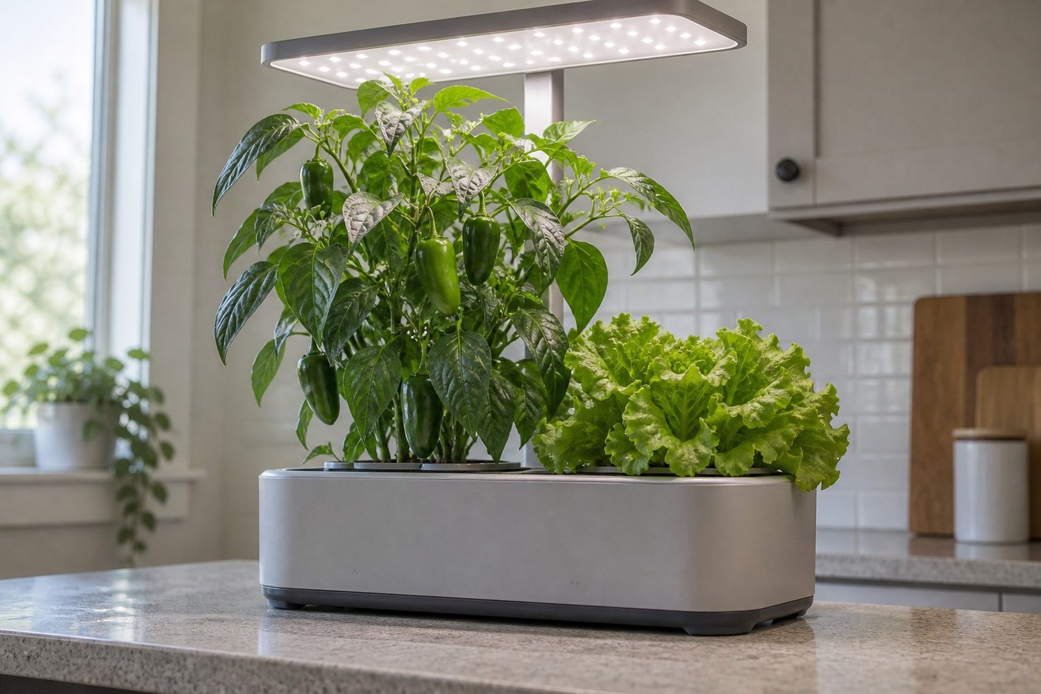 Tall countertop hydroponic garden with a flat light panel raised high on its pole over a bushy pepper plant with small green peppers beside a leafy lettuce