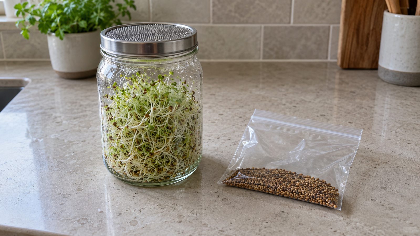 Clear glass sprouting jar with a mesh lid holding pale alfalfa sprouts on a kitchen counter, beside a plain clear resealable bag of small alfalfa seed