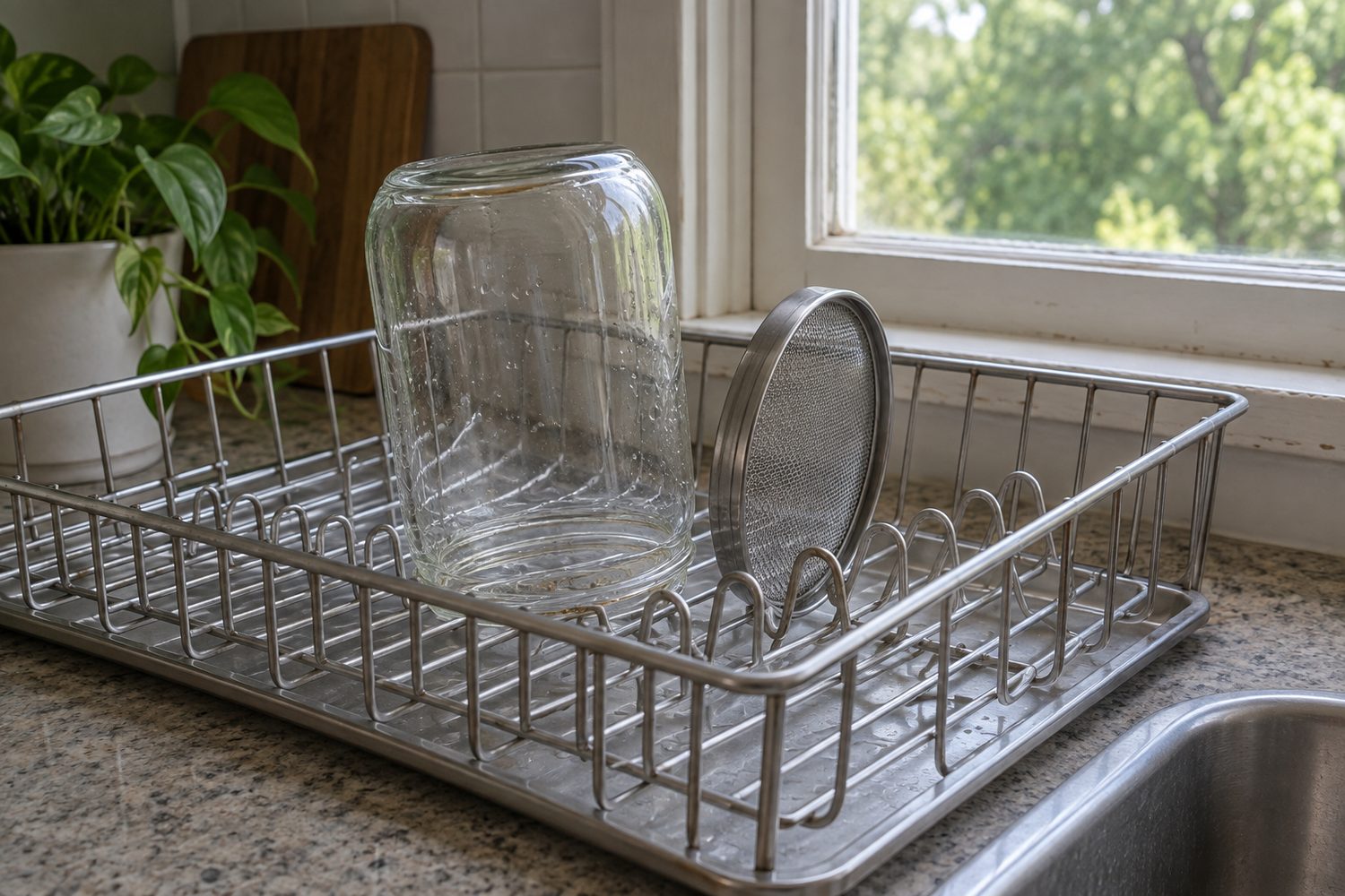 Empty clean glass sprouting jar and its mesh lid resting upside down on a dish rack beside a kitchen window