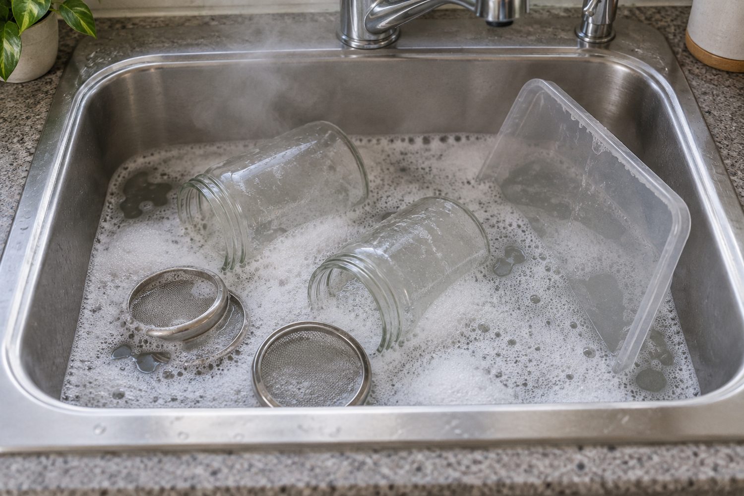 Glass sprouting jars, round mesh lids and a plastic sprouting tray sitting in a stainless kitchen sink filled with hot soapy water
