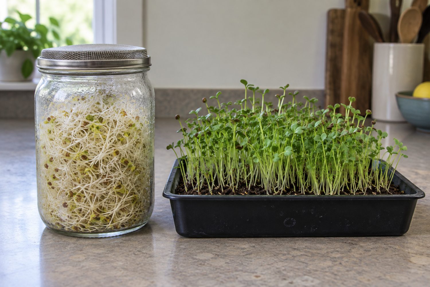 Glass jar of pale tangled alfalfa sprouts beside a shallow tray of green alfalfa microgreens growing upright in dark growing mix, on a kitchen counter