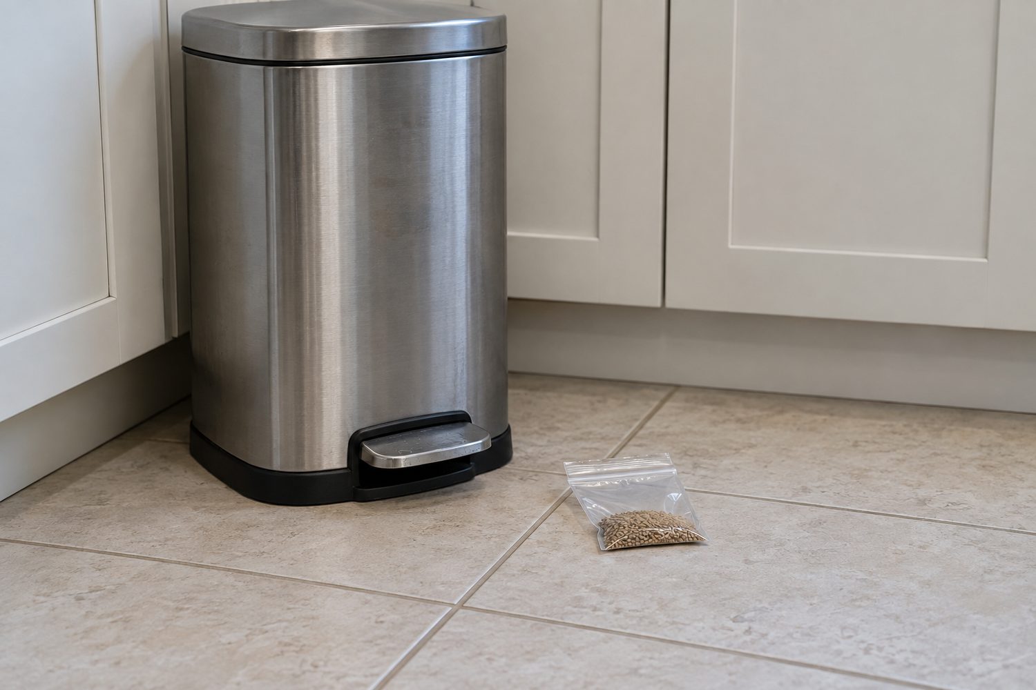 Sealed plain clear plastic bag of small seed on a kitchen floor beside a closed lidded kitchen trash bin