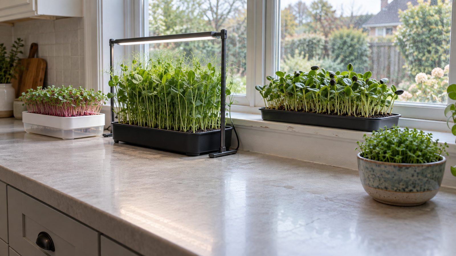 Four microgreens setups along a long kitchen counter by a window: a small white self watering tray of radish microgreens, a black tray of pea shoots under a slim LED light, a tray of sunflower shoots on the sill and a small ceramic pot of cress