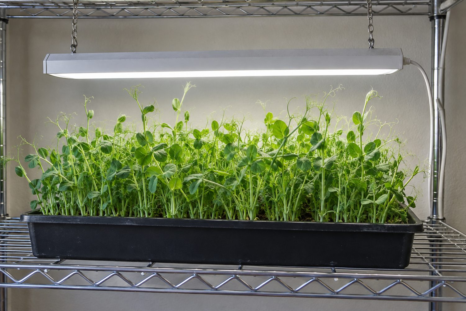 Black ten by twenty inch tray of tall green pea shoots on a wire shelf under a slim LED shop light hung on two small chains from the shelf above