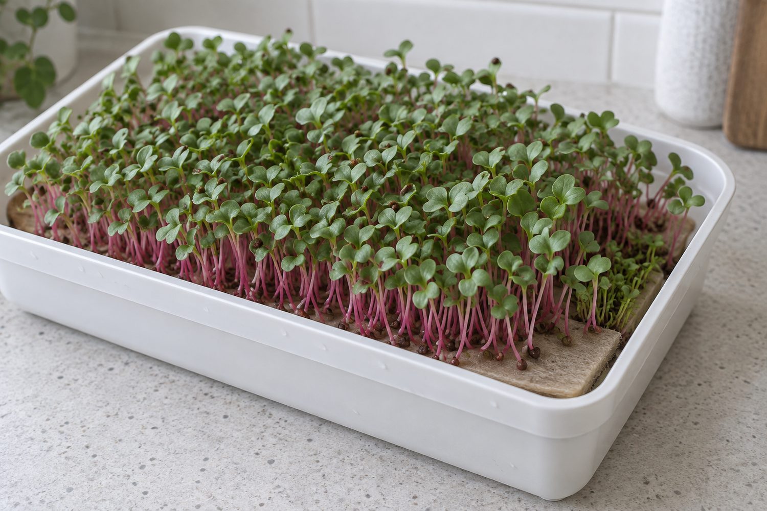 Small white self watering plastic tray on a kitchen counter holding a flat pale fiber sheet sprouting an even carpet of young radish microgreens with pink stems