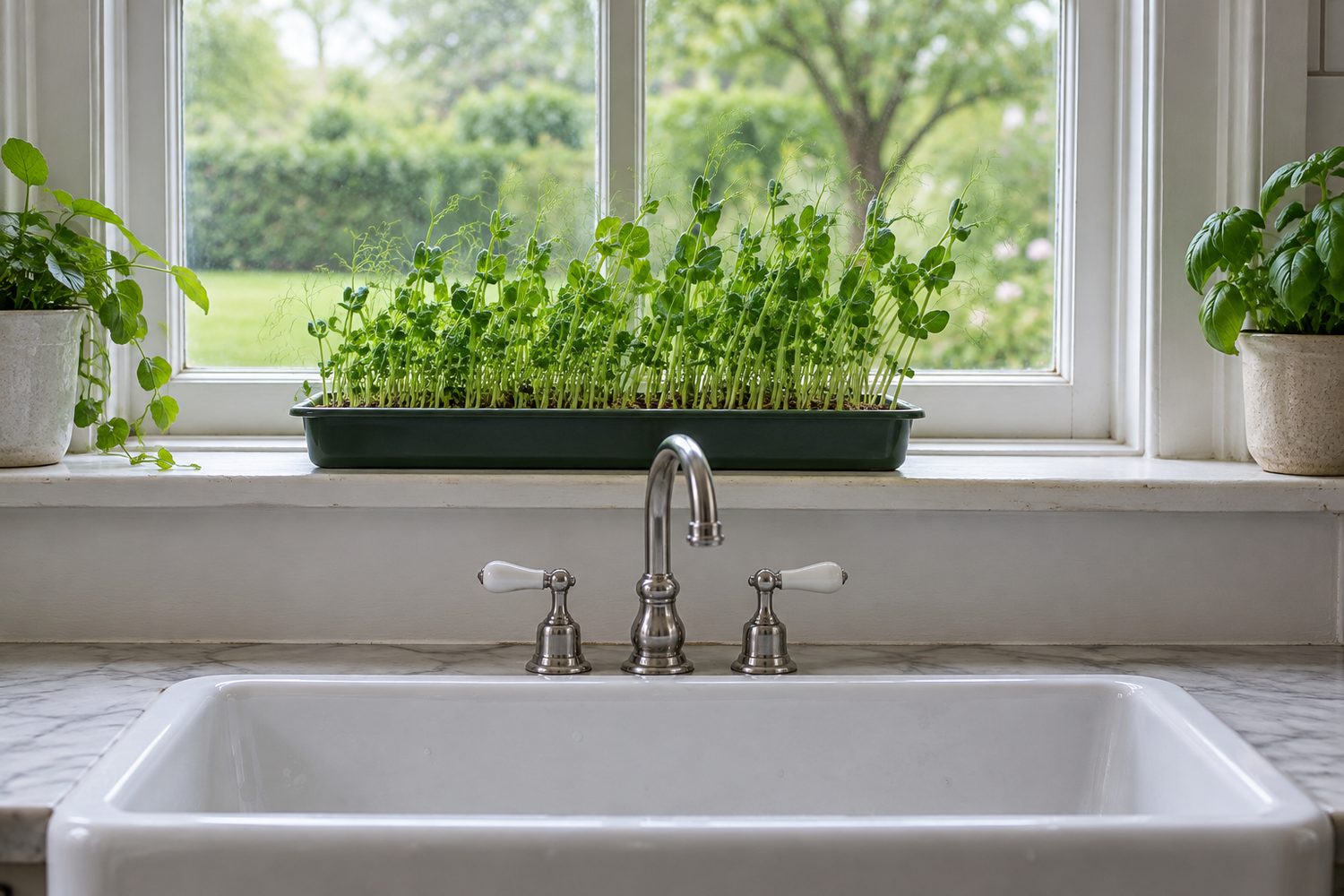 Shallow plain tray of pea shoots on a deep kitchen window ledge above a white sink, in bright daylight from the window