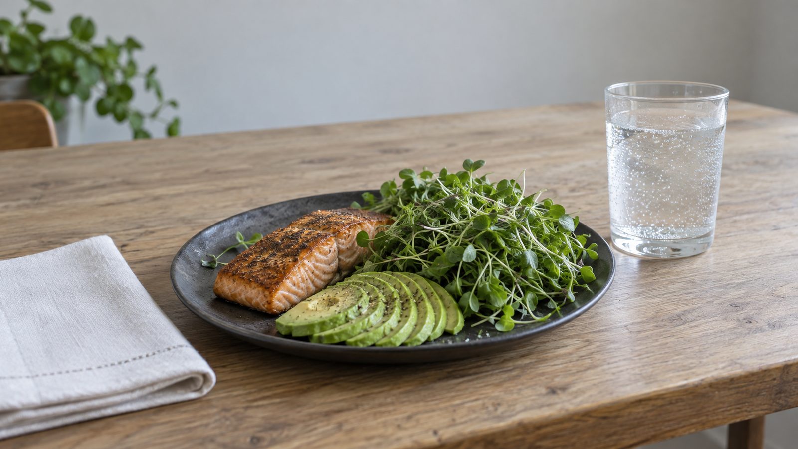 Low carb dinner plate with a seared salmon fillet, sliced avocado and a generous heap of fresh green microgreens on a kitchen table beside a glass of sparkling water
