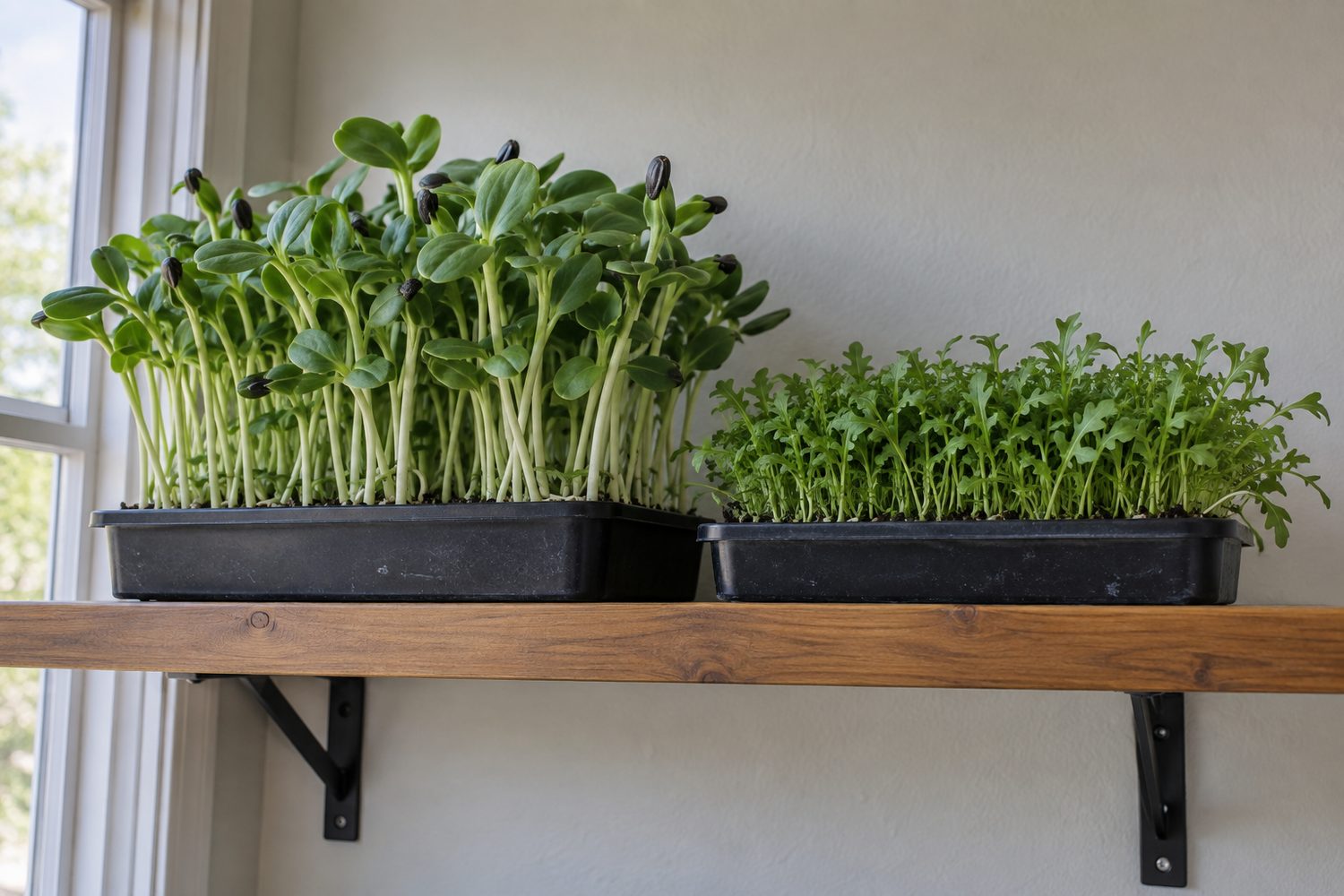 Two shallow trays growing on a kitchen shelf, one of tall sunflower shoots with broad green leaves and one of small arugula microgreens, in soft daylight