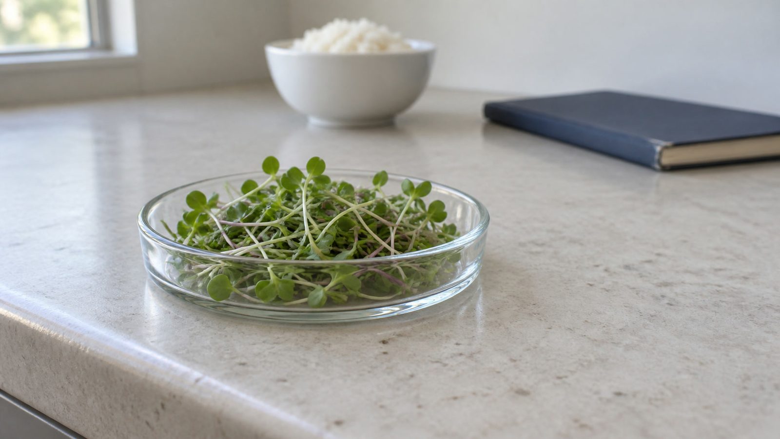 Small clear glass dish of broccoli microgreens at the front of a kitchen counter, with a plain bowl of white rice and a closed notebook softly out of focus behind it