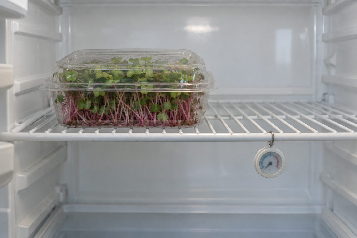 Closed clear plastic clamshell of pink stemmed radish microgreens on a clean refrigerator wire shelf, with a small round fridge thermometer hanging from the shelf beside it