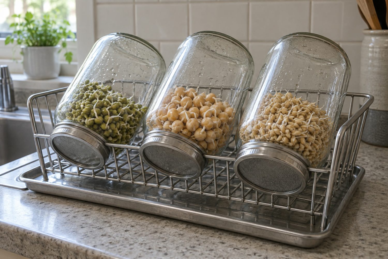 Three wide mouth glass jars with mesh lids tilted mouth down in a dish rack, holding sprouting mung beans, chickpeas and barley with short white tails