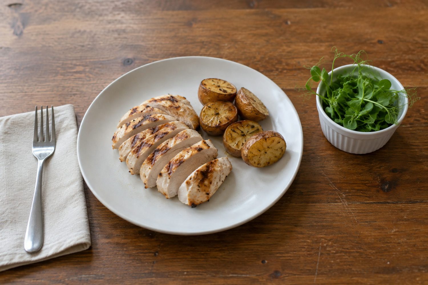 Small white ramekin holding a modest portion of pea shoots beside a plate of plain grilled chicken and roasted potatoes on a wooden kitchen table