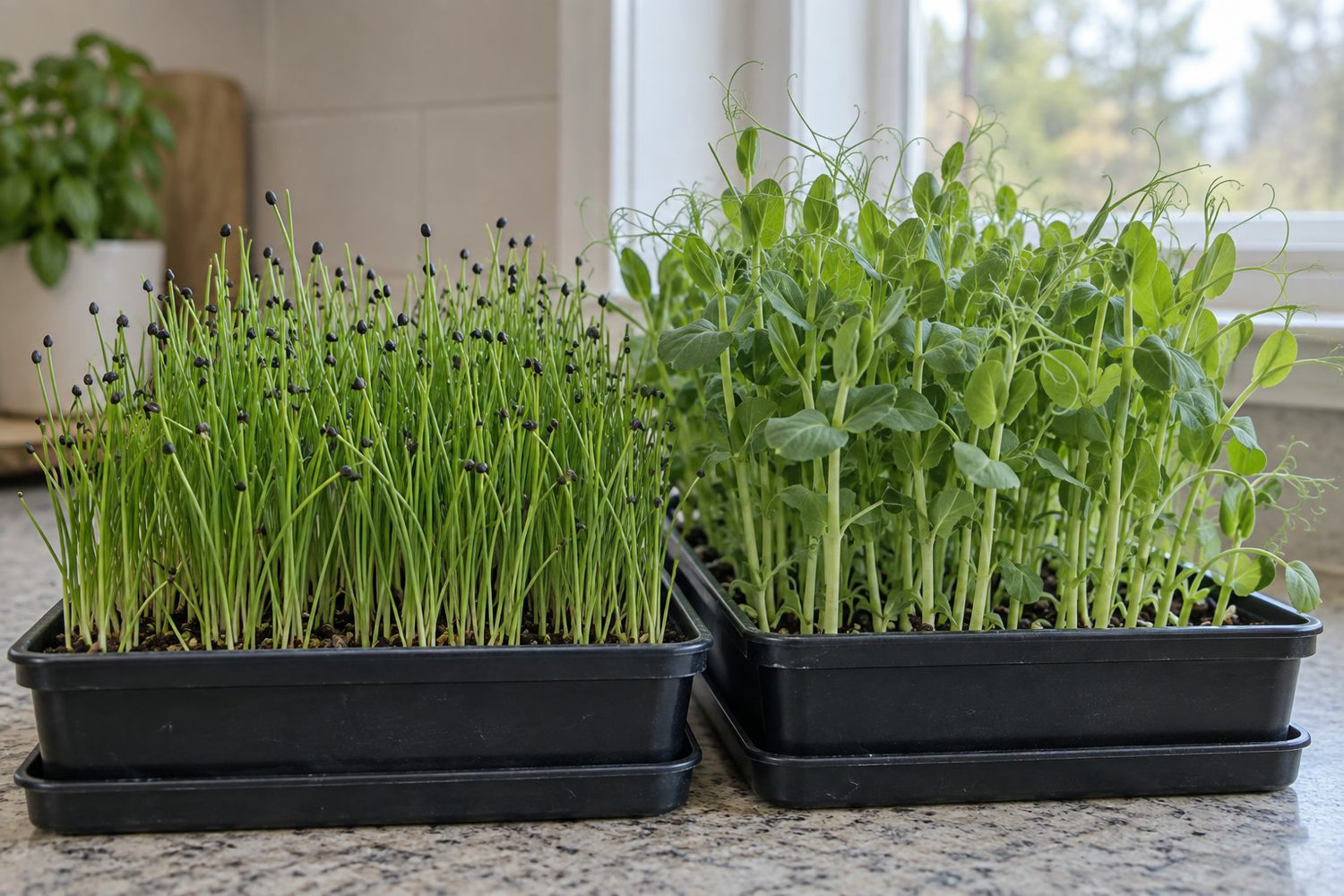 Shallow black tray of thin grass like onion microgreens, some tips still carrying small black seed coats, beside a tray of tall pea shoots with curling tendrils on a kitchen counter