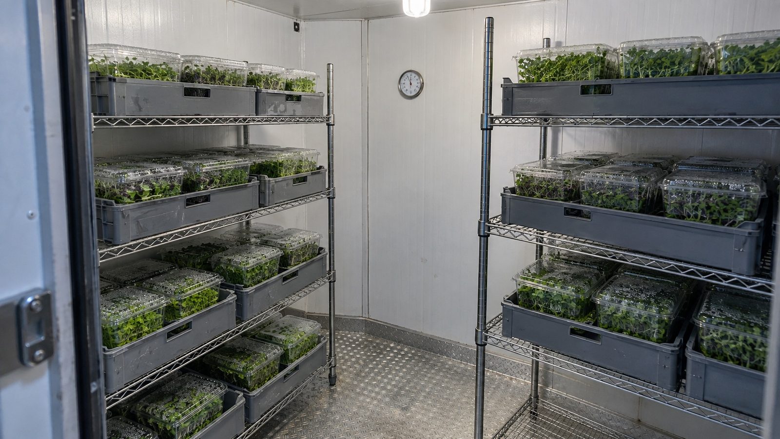 Inside a small walk in cooler, stainless wire shelving holds plastic produce crates packed with closed clear clamshells of microgreens, with a round dial thermometer mounted on the white wall