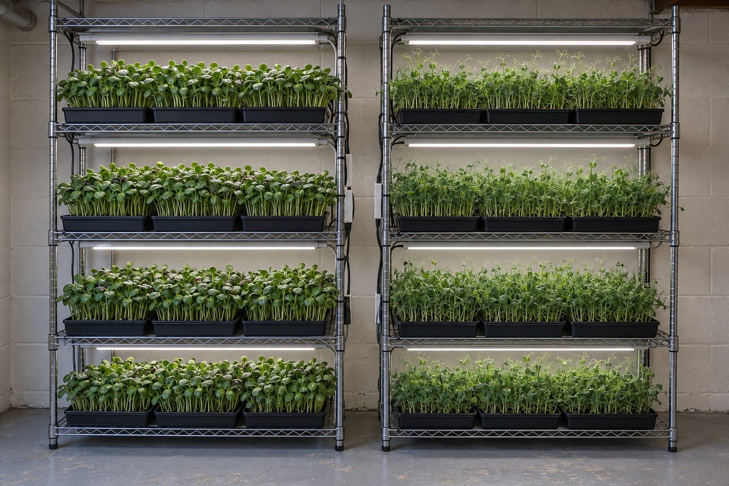 Two chrome wire racks side by side in a tidy dry basement, every shelf filled with black trays of sunflower microgreens and pea shoots under slim LED lights with neatly routed cords