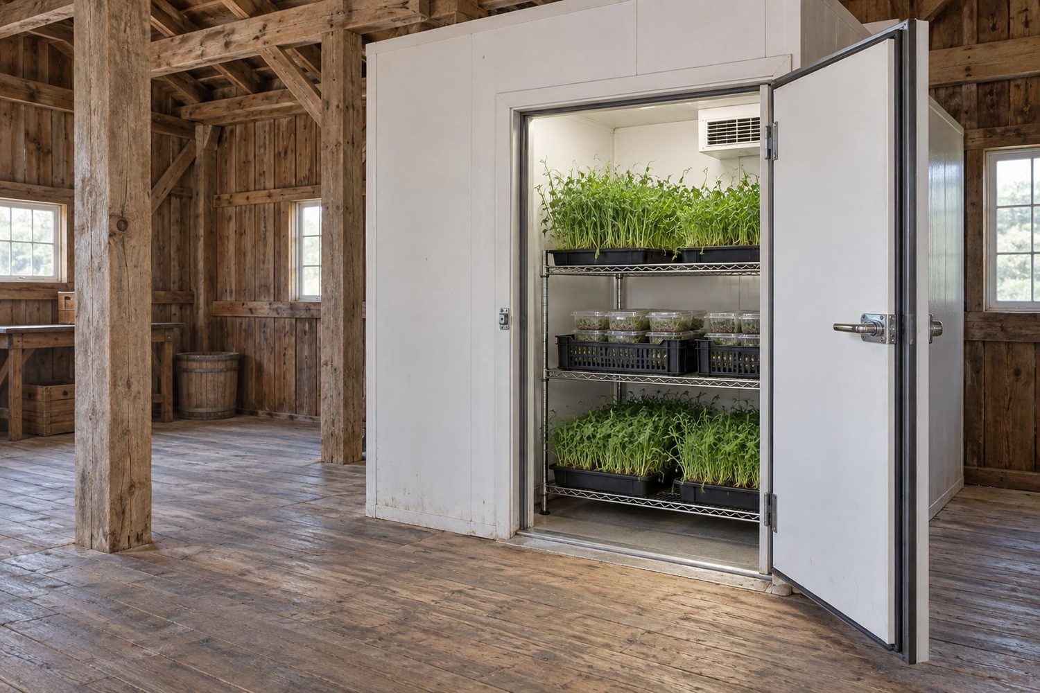 Small insulated cold room built inside an old wooden New England barn, its heavy white door standing open to show shelves of tall pea shoot trays and a few crates of clear clamshells