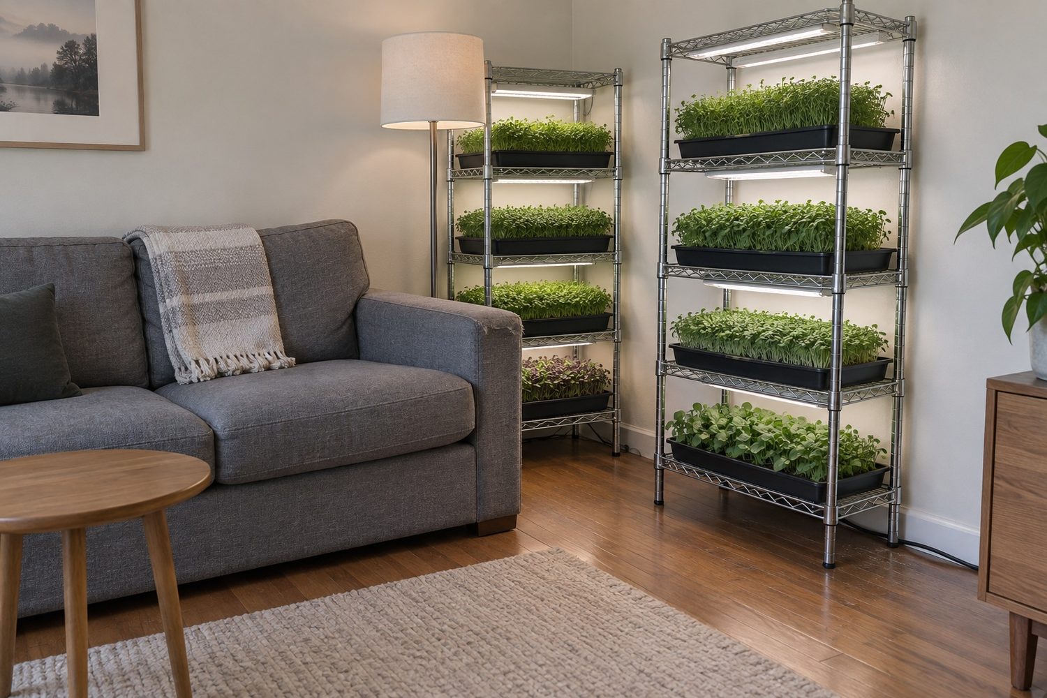 Corner of a clean living room where two wire racks of microgreen trays under lights stand close beside a gray sofa and a floor lamp