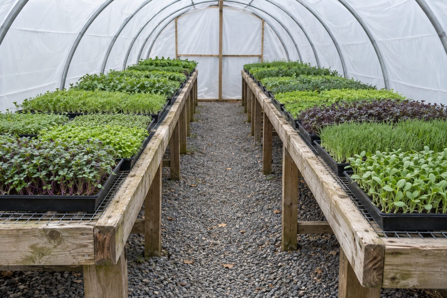 Long waist high benches of black trays of green microgreens running down the length of a small plastic covered hoop greenhouse in soft diffused light