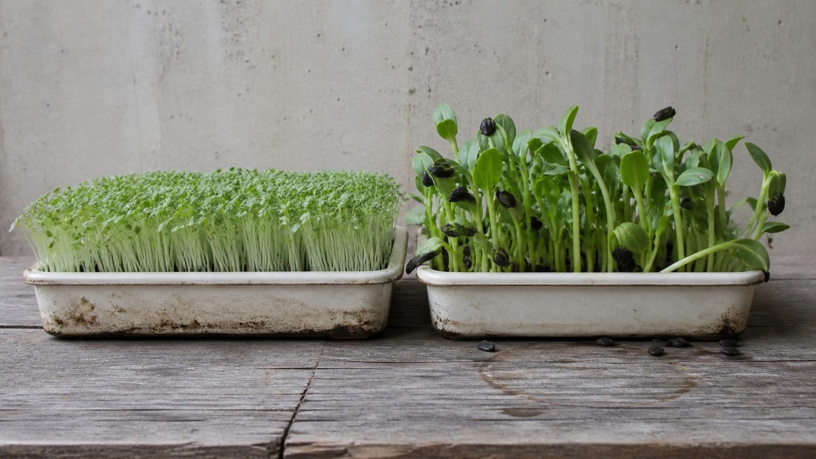 Two shallow trays side by side on a worn potting bench, one a dense even stand of broccoli microgreens with fine pale stems, the other a taller uneven stand of sunflower shoots still carrying black seed hulls on several leaf tips, photographed side on at bench height in flat daylight