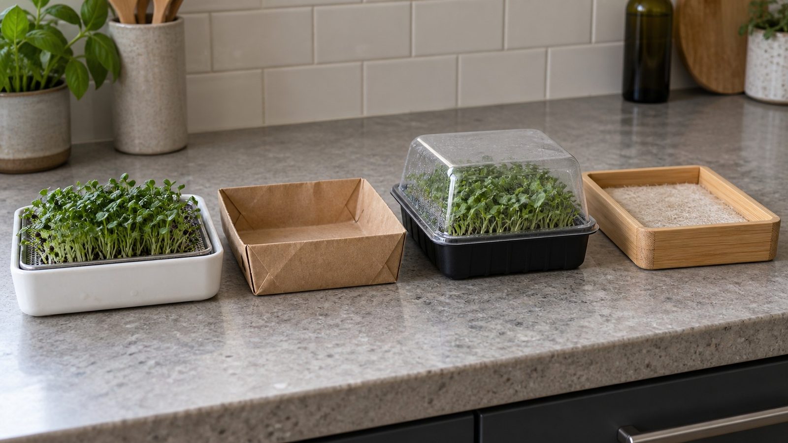 Four unbranded microgreen growing kits on a kitchen counter: a white ceramic tray with a steel mesh insert, a folded paper tray, a black tray with a clear dome and a bamboo tray with a fiber pad, two of them growing microgreens