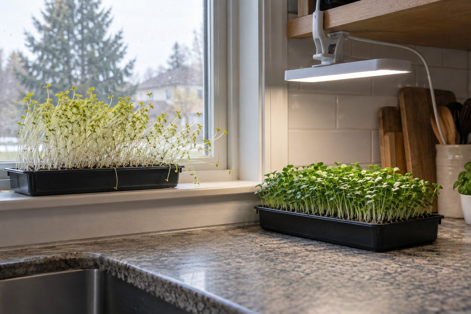 Two microgreen kit trays in a kitchen, one on a windowsill with pale thin seedlings leaning toward the glass and one under a clip on LED grow light with short deep green seedlings