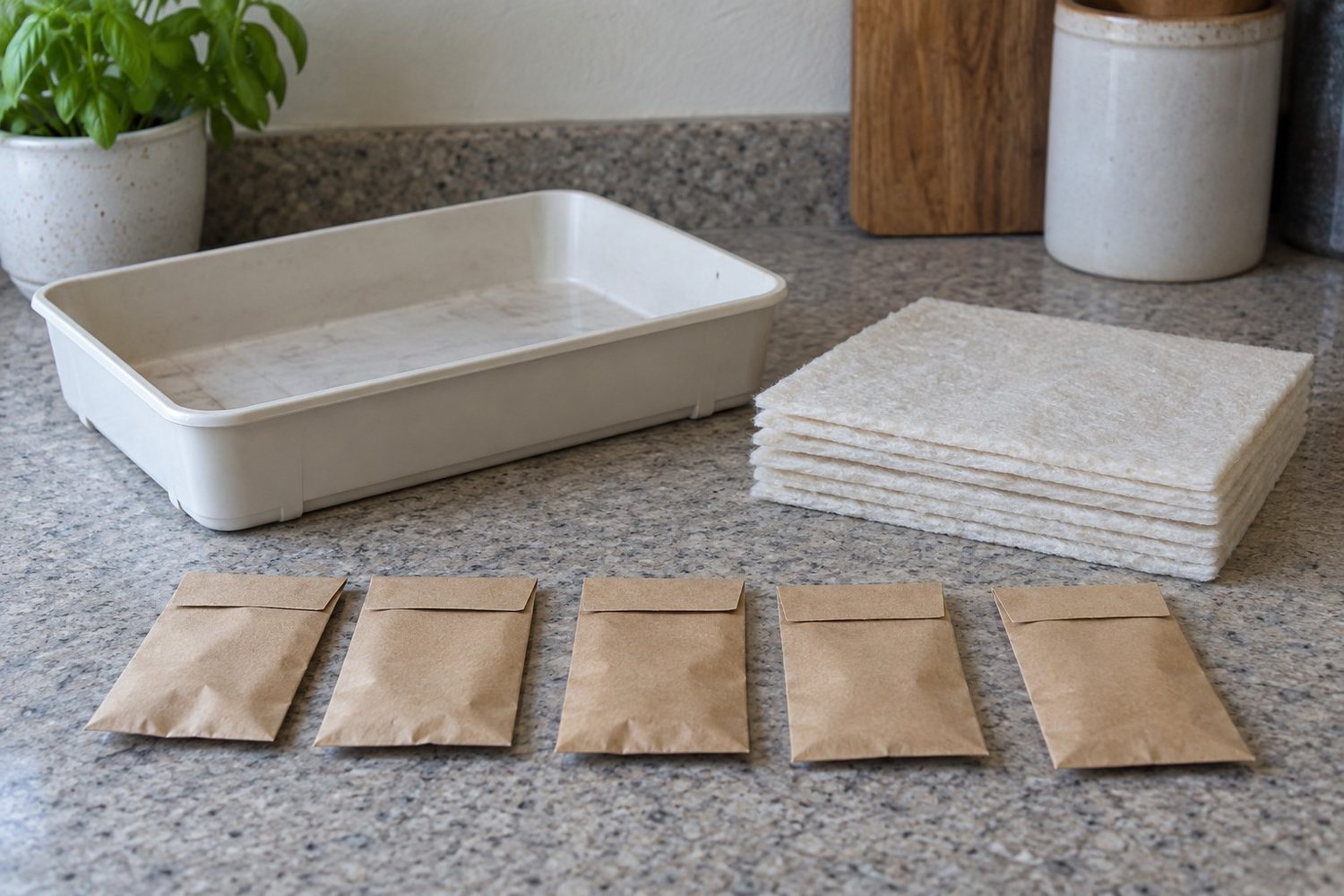 Small stack of pale fiber grow pads and a row of plain seed pouches beside an empty shallow kit tray on a counter